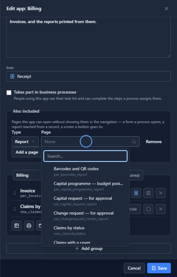 Also included: Type Report, and the Page picker open with a search box and the reports listed by name and logical name
