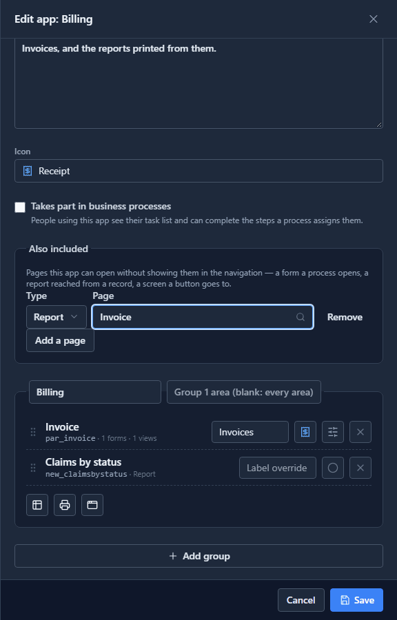 The Edit app panel: Also included holds the Invoice report, and the Billing group holds Invoices and Claims by status