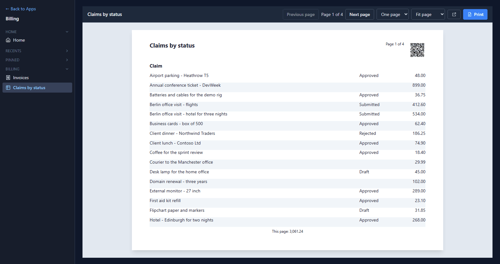 Claims by status open in the Billing app in the Shell: page 1 of 4 in landscape, with the pager, the page and zoom choices, and Print