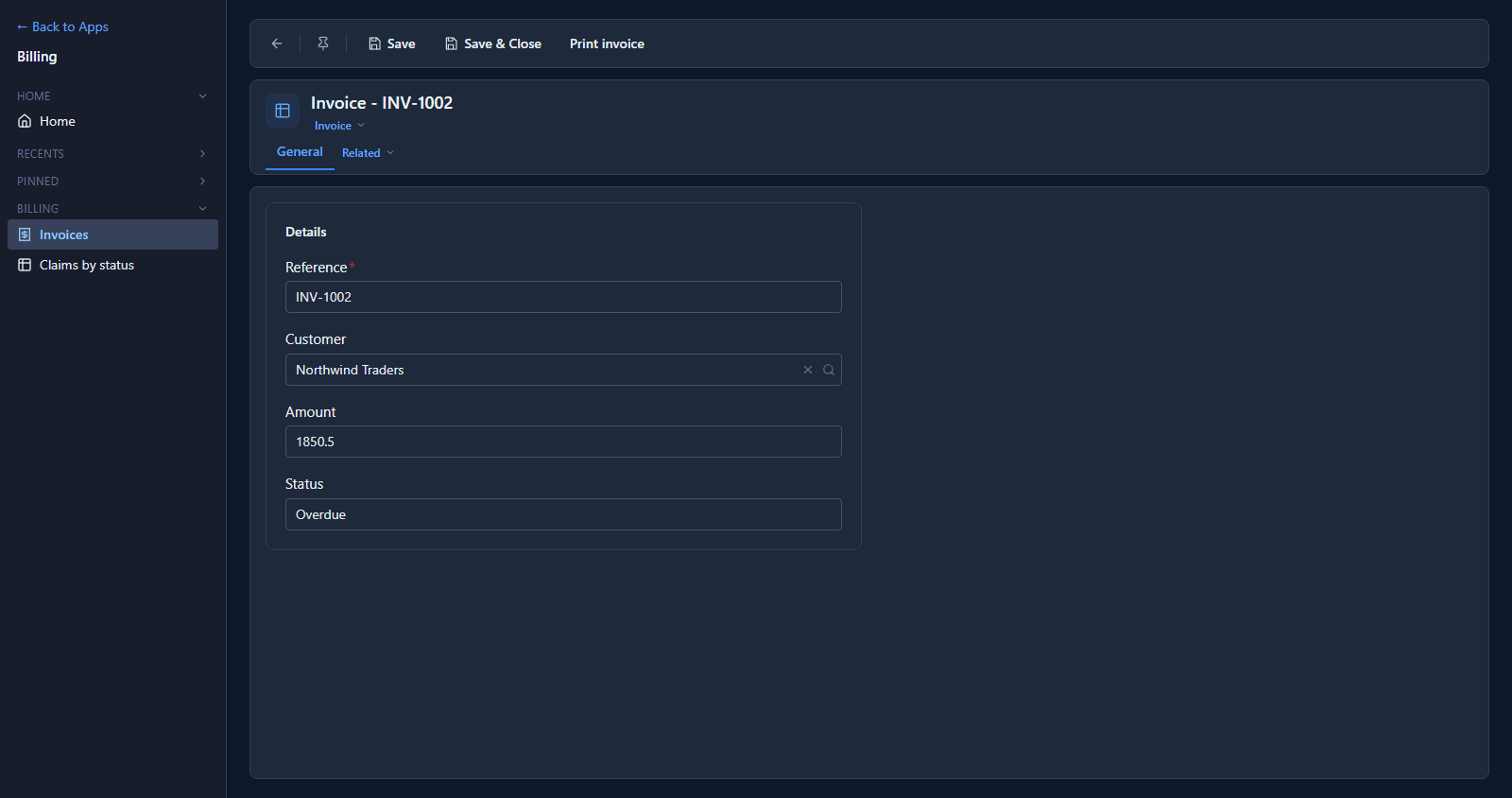 Invoice INV-1002 open in the Shell, with Save, Save & Close and Print invoice in the bar