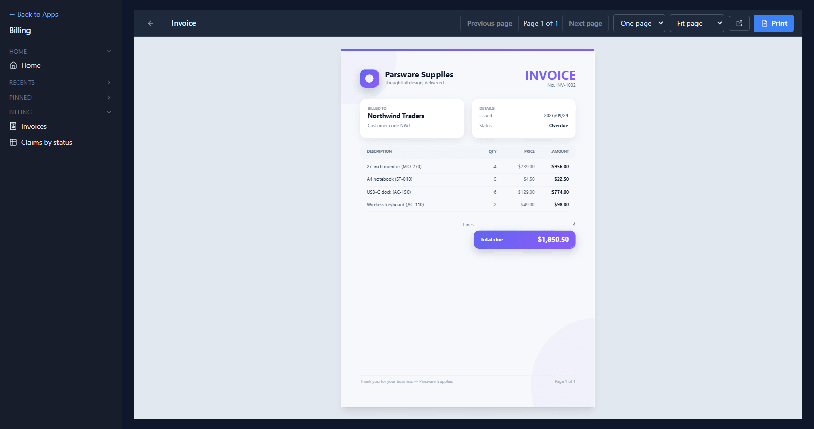 The Invoice report in the Shell: INVOICE No. INV-1002, Northwind Traders, Overdue, four lines from 27-inch monitor to Wireless keyboard, total due $1,850.50, and a back arrow at the start of the bar