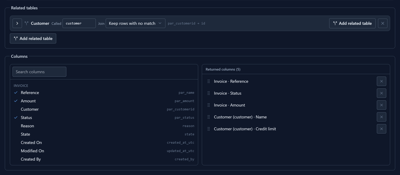 The query designer's Advanced tab: Customer joined as customer, keeping rows with no match, par_customerid to id; Returned columns lists Invoice Reference, Status and Amount, and Customer (customer) Name and Credit limit