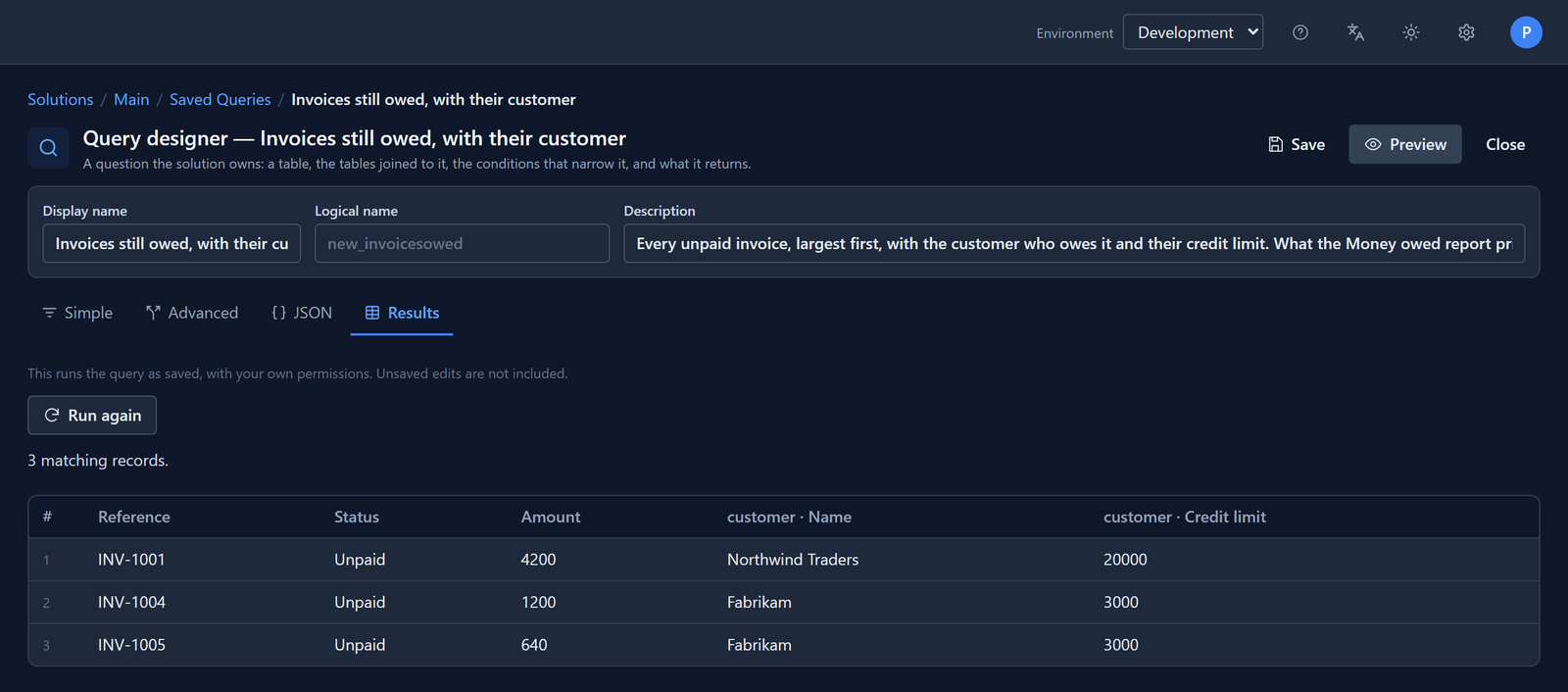 Results: 3 matching records, INV-1001 Northwind Traders with a credit limit of 20000, INV-1004 and INV-1005 Fabrikam with 3000