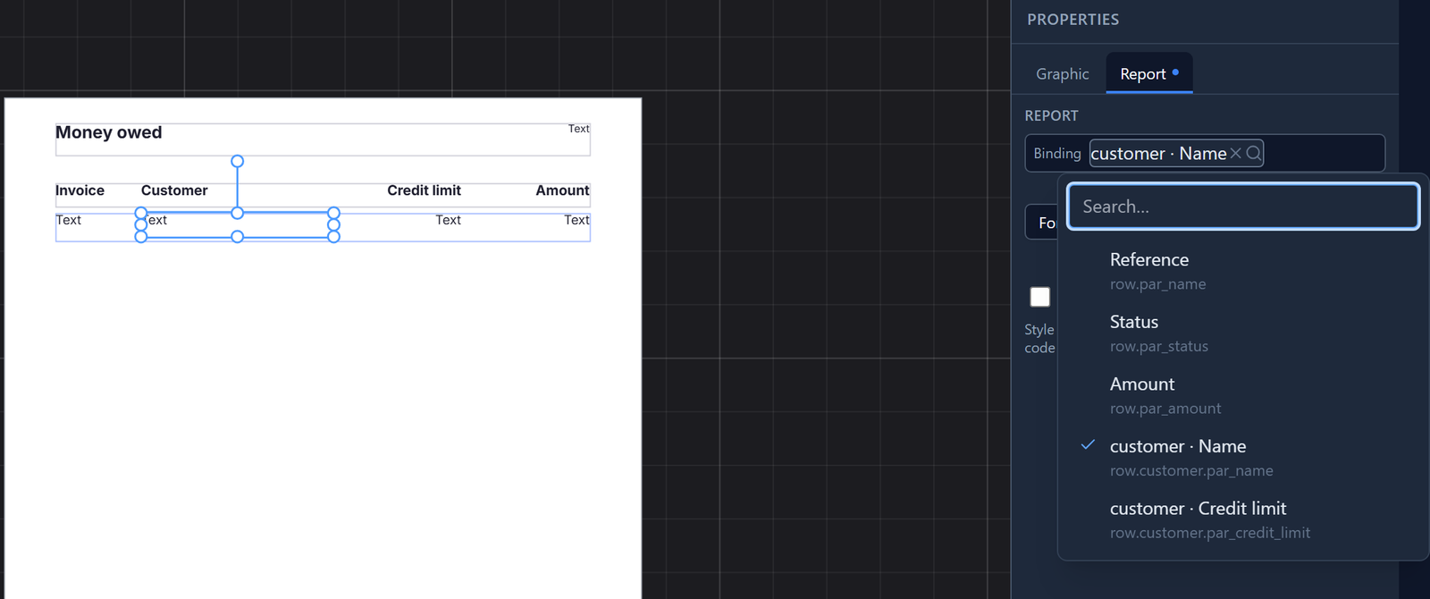 The report designer with the Customer cell selected and the Binding picker open: Reference, Status, Amount, customer · Name (ticked, row.customer.par_name) and customer · Credit limit