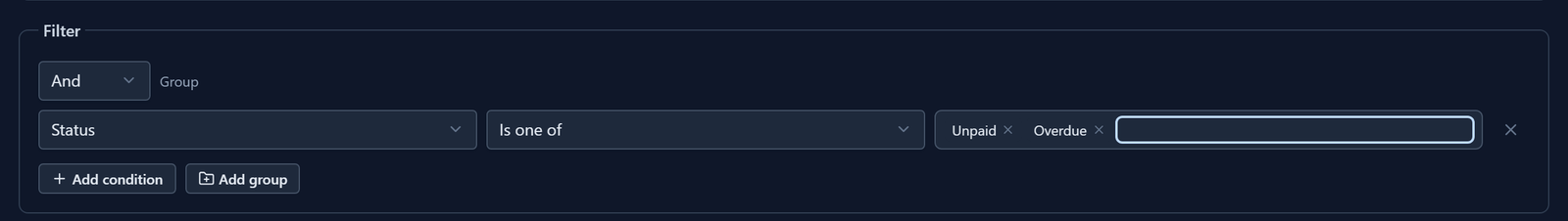 The Filter: Status Is one of Unpaid, Overdue