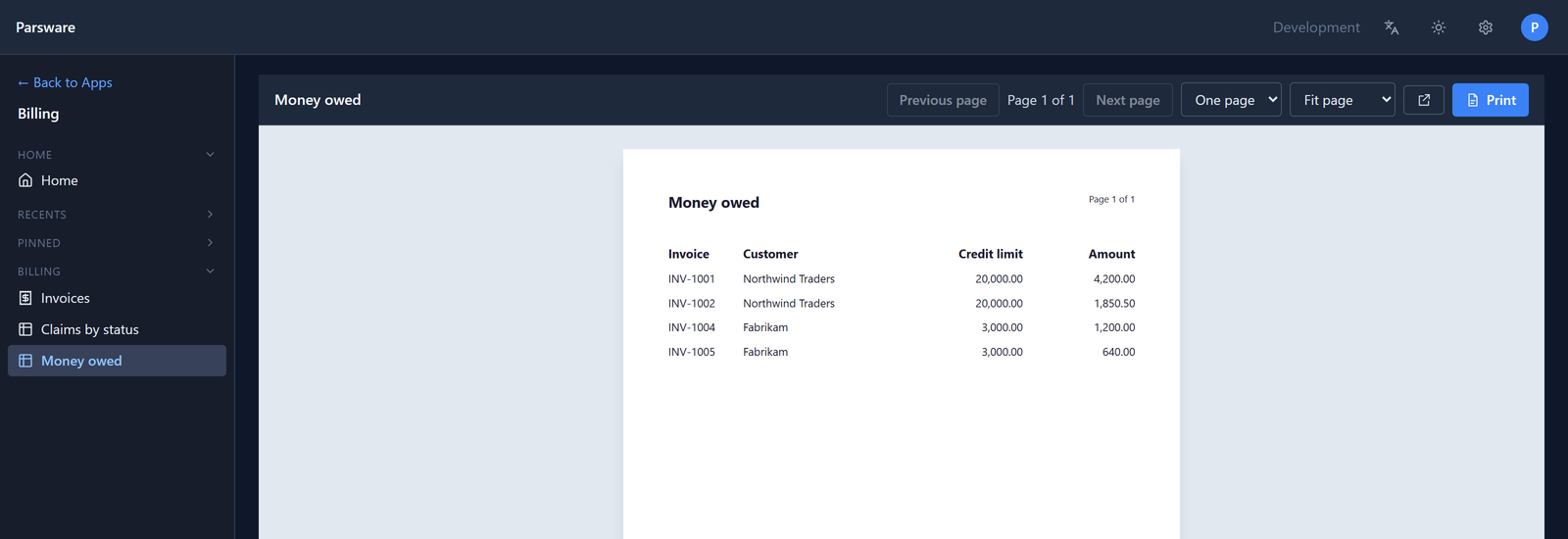 The Billing app in the Shell with Money owed open: the four invoices with their customers and credit limits, Page 1 of 1, and Print