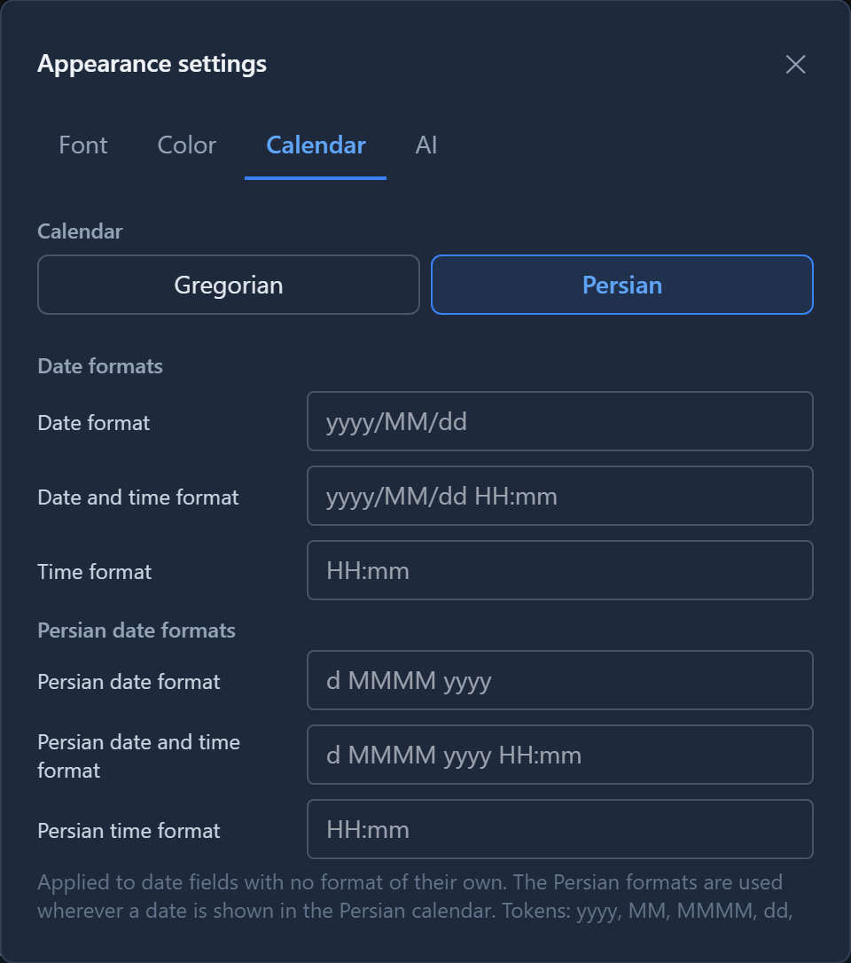 Appearance settings, Calendar tab: Calendar set to Persian, with the date formats below it