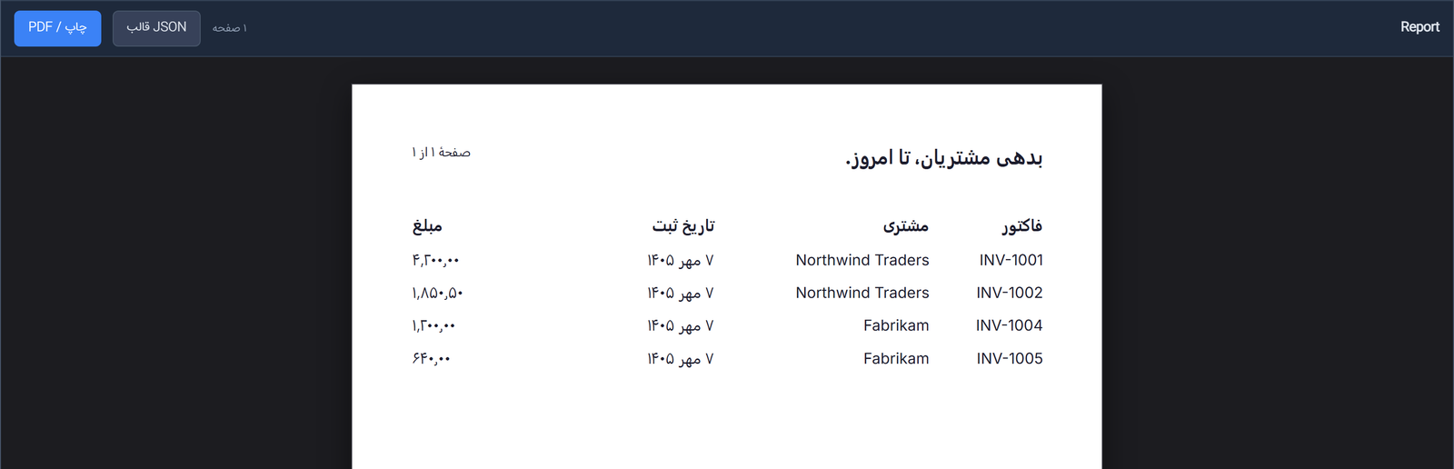 The Report preview with the window in Persian: the same report with dates reading ۷ مهر ۱۴۰۵, amounts such as ۴٬۲۰۰٫۰۰, the page number صفحهٔ ۱ از ۱, and the toolbar reading ۱ صفحه, JSON قالب and چاپ / PDF