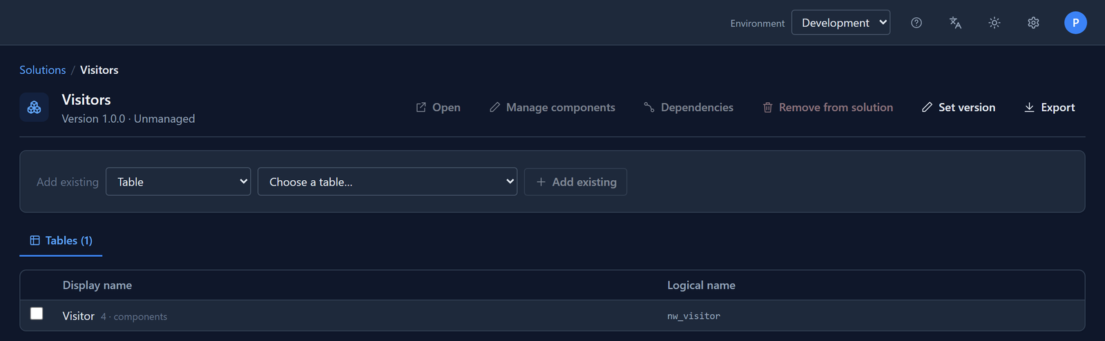 The Visitors solution in Development: Version 1.0.0 · Unmanaged, its Visitor table, and on the command bar Open, Manage components, Dependencies, Remove from solution, Set version and Export