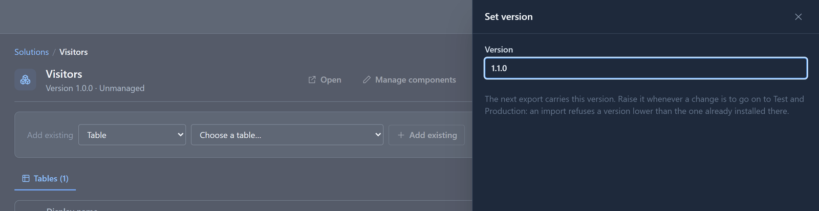 The Set version panel over the Visitors solution: Version 1.1.0, and the note that the next export carries this version and that an import refuses a version lower than the one already installed