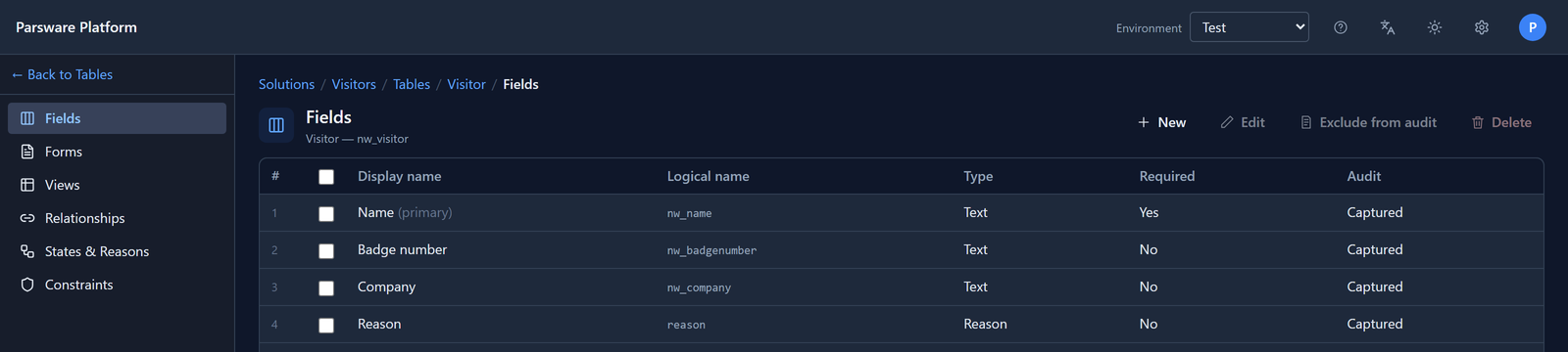 The Visitor table's fields in Test: Name, Badge number, Company, Reason and State