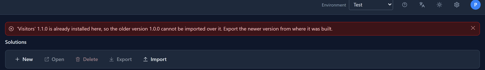Test's Solutions page with the message: 'Visitors' 1.1.0 is already installed here, so the older version 1.0.0 cannot be imported over it. Export the newer version from where it was built.