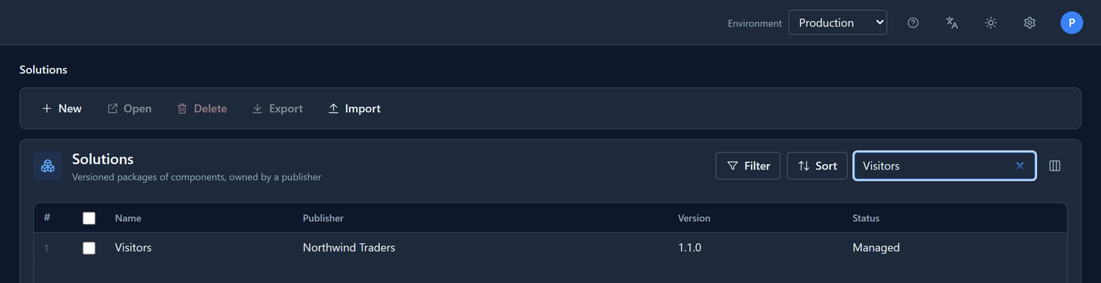 The Solutions list in Production, searched for Visitors: Visitors 1.1.0, Managed