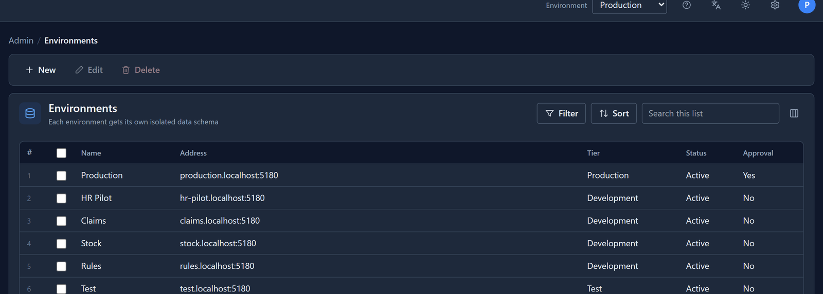 The Environments list: Production with tier Production, Test with tier Test, and Development, HR Pilot, Claims, Stock and Rules with tier Development, each with its own address