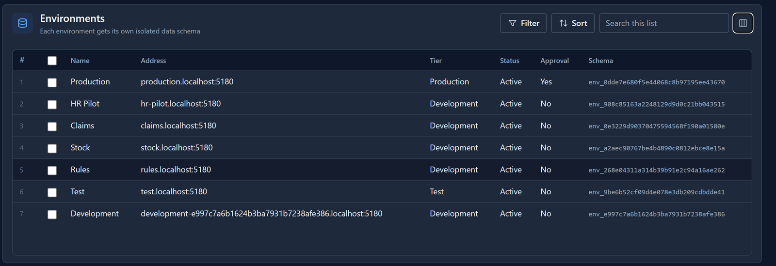 The Environments list with the Schema column shown: Production env_0dde7e68…, HR Pilot env_908c8516…, Claims env_0e3229d9…, Stock env_a2aec907…, Rules env_268e0431…, Test env_9be6b52c… and Development env_e997c7a6…