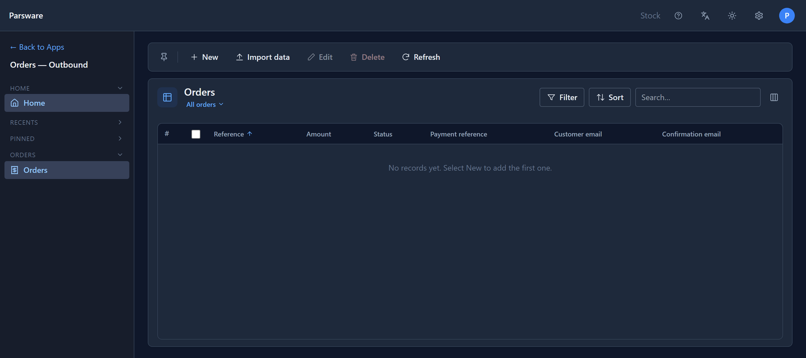 The same Orders — Outbound app in Stock, with the same columns and the message No records yet. Select New to add the first one.