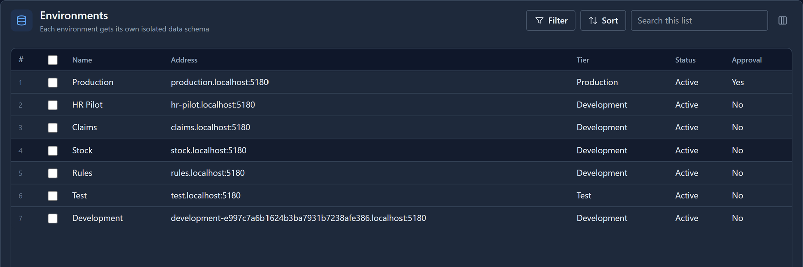 The Environments list without Training: Production, HR Pilot, Claims, Stock, Rules, Test and Development