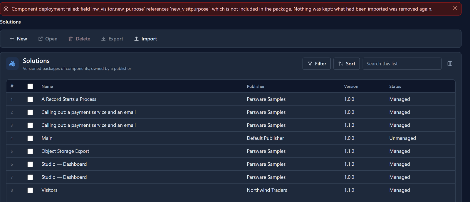 The Solutions list in Test, with the error "Component deployment failed: field 'nw_visitor.new_purpose' references 'new_visitpurpose', which is not included in the package. Nothing was kept: what had been imported was removed again." Visitors is still at 1.1.0.