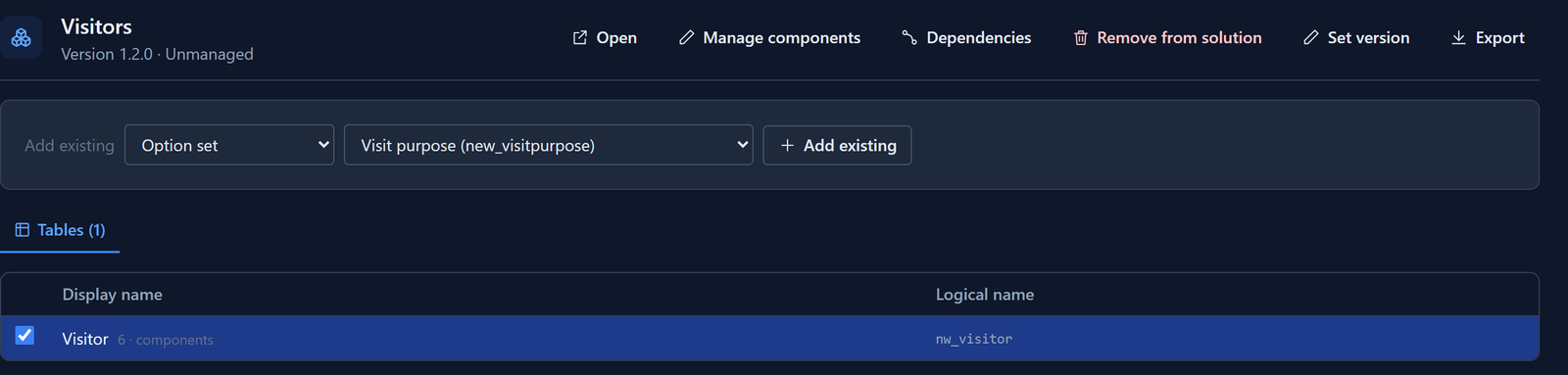 The Add existing bar with Option set chosen and Visit purpose (new_visitpurpose) in the second list