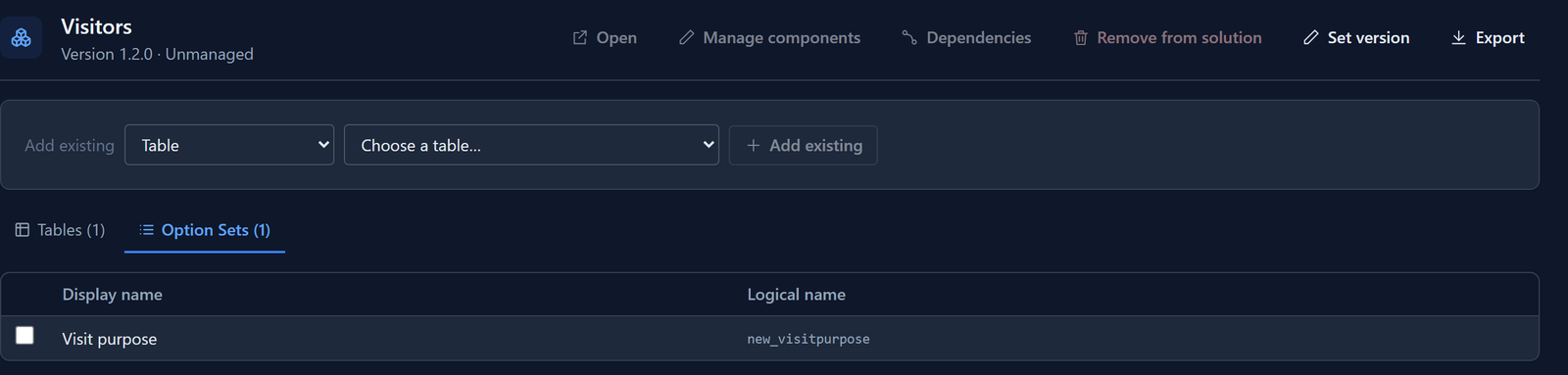 The Visitors overview with two tabs, Tables (1) and Option Sets (1). The open tab lists Visit purpose, new_visitpurpose.