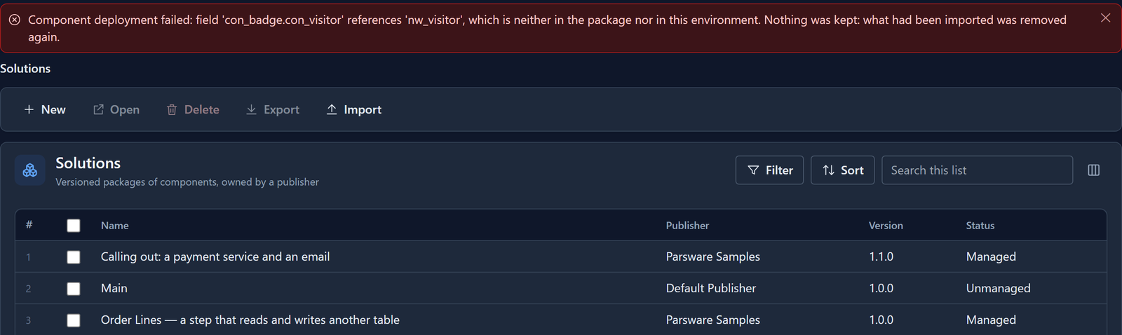 The Solutions list in Stock, with the error "Component deployment failed: field 'con_badge.con_visitor' references 'nw_visitor', which is neither in the package nor in this environment. Nothing was kept: what had been imported was removed again."