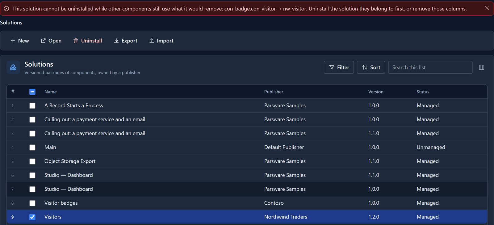 The Solutions list in Test with Visitors selected and the error "This solution cannot be uninstalled while other components still use what it would remove: con_badge.con_visitor → nw_visitor. Uninstall the solution they belong to first, or remove those columns."