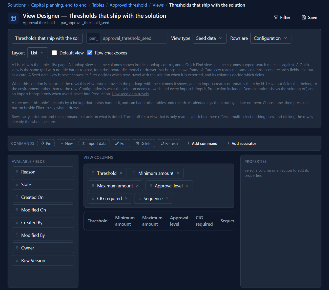 The view designer for Thresholds that ship with the solution: View type Seed data, Rows are Configuration, an explanation of what a Seed data view does, and six view columns: Threshold, Minimum amount, Maximum amount, Approval level, CIG required and Sequence