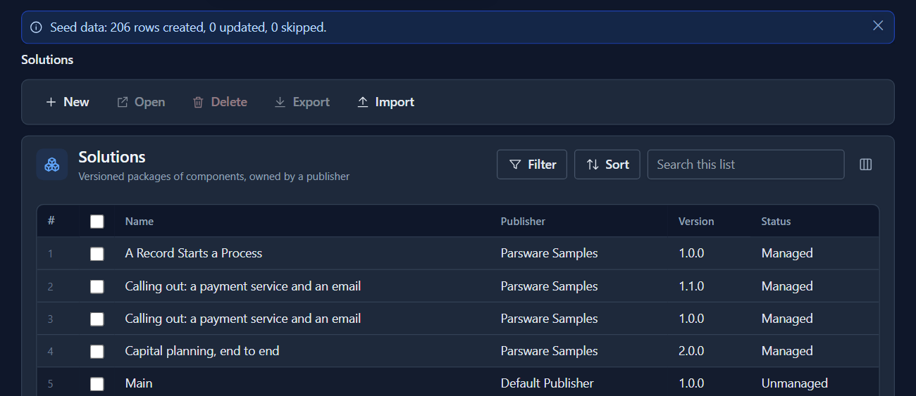 The Solutions list in Test with Capital planning, end to end 2.0.0 among the solutions, and a message: Seed data: 206 rows created, 0 updated, 0 skipped
