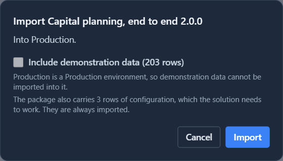 The import dialog into Production: the Include demonstration data box is greyed out, with the note Production is a Production environment, so demonstration data cannot be imported into it