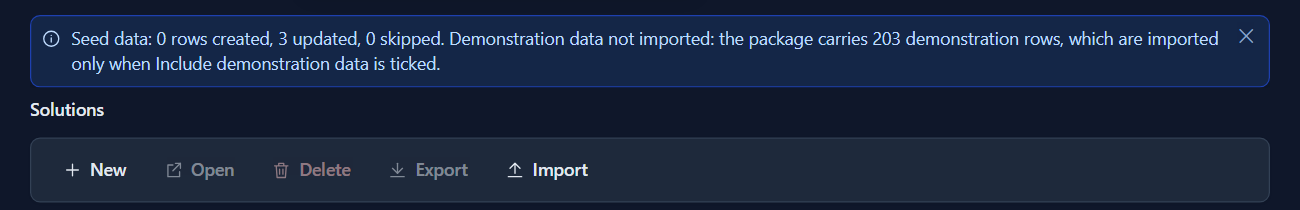 The message after the second import into HR Pilot: Seed data: 0 rows created, 3 updated, 0 skipped, and again that the 203 demonstration rows were not imported