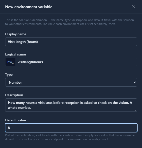 The New environment variable panel in Development: display name Visit length (hours), logical name nw_ visitlengthhours, type Number, a description, and default value 8