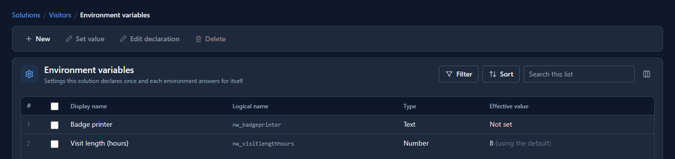 The Environment variables list in Test after the 1.3.0 import: Badge printer Not set, Visit length (hours) 8 (using the default)