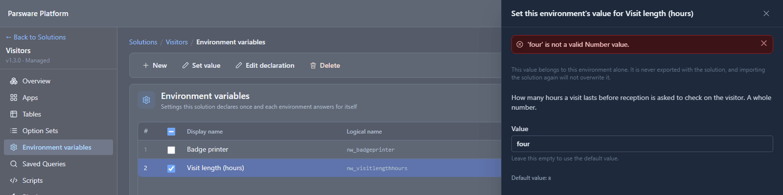 The Set value panel for Visit length (hours) in Test with the value four, refused: 'four' is not a valid Number value