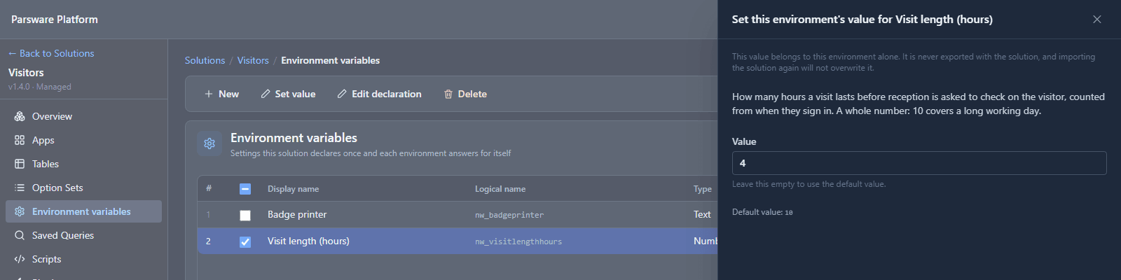 The Set value panel in Test after the 1.4.0 import: the new description, the value 4 still in the box, and Default value: 10; the solution reads v1.4.0 Managed