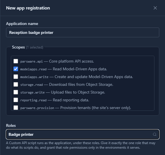 The New app registration panel: application name Reception badge printer, the scope modelapps.read ticked among the platform's scopes, and the role Badge printer