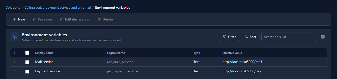 The Environment variables list of the Calling out solution in Test: Mail service and Payment service, each set to Test's own address
