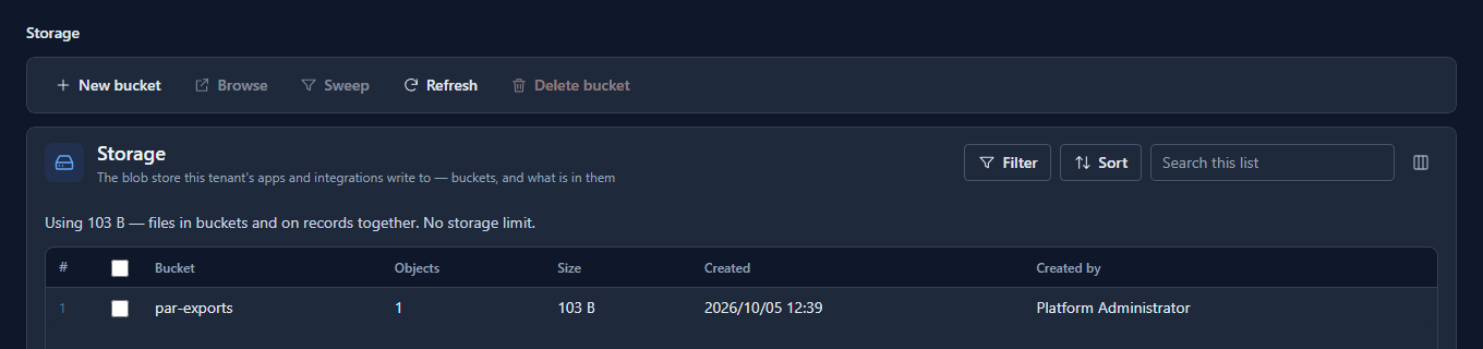 The Storage screen under Admin: how much is used, and one bucket, par-exports, with its object count, its size, when it was created and by Platform Administrator