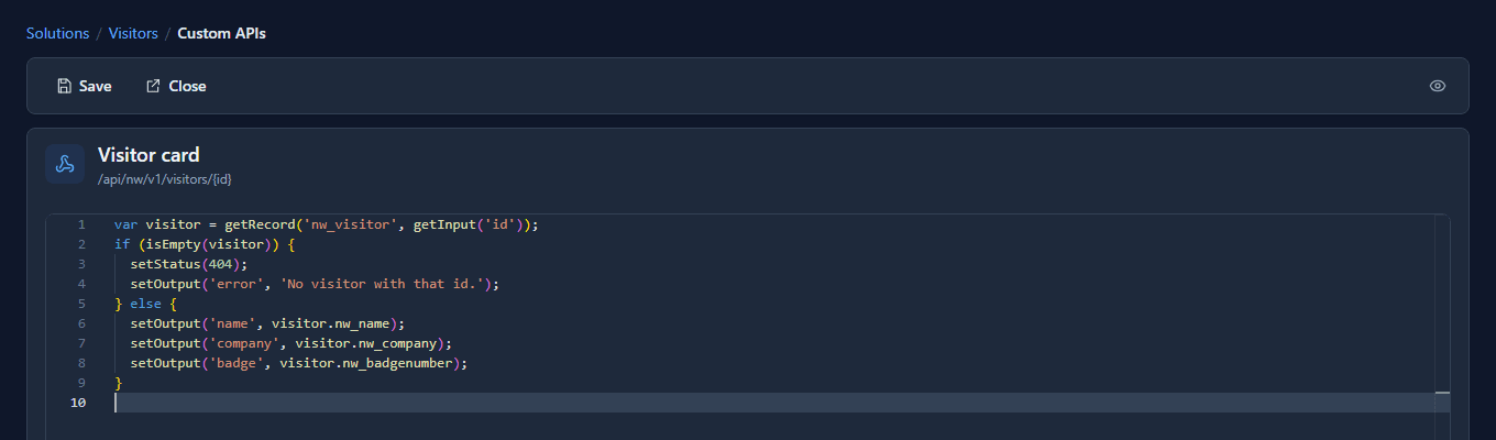 The code editor for Visitor card: the script reads the id, gets the visitor record, answers 404 when there is none, and sets name, company and badge as outputs