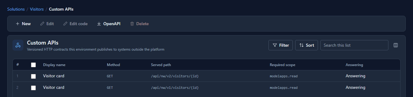 The Custom APIs list: Visitor card v1 at /api/nw/v1/visitors/{id} and Visitor card v2 at /api/nw/v2/visitors/{id}, both answering