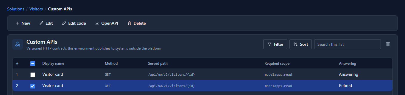 The Custom APIs list: Visitor card v2 Answering, and Visitor card v1 Retired