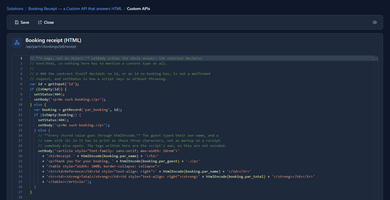 The code editor for Booking receipt: the script reads the id, answers 404 when there is no booking, and otherwise writes an article with the reference, the guest and the total, each through htmlEncode