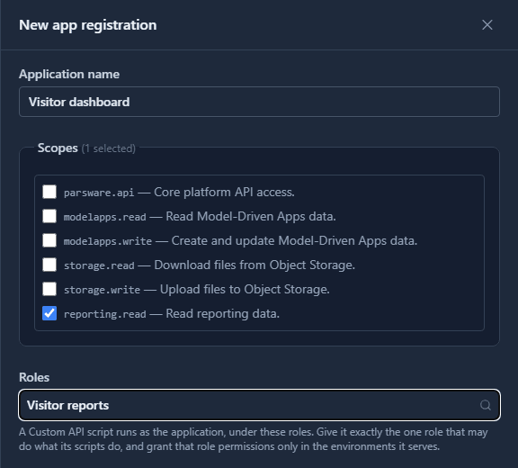 The New app registration panel: application name Visitor dashboard, six scopes with reporting.read ticked, and the role Visitor reports chosen