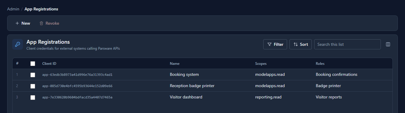 The App Registrations list: Booking system, Reception badge printer and Visitor dashboard, each with its client id, its scopes and its roles