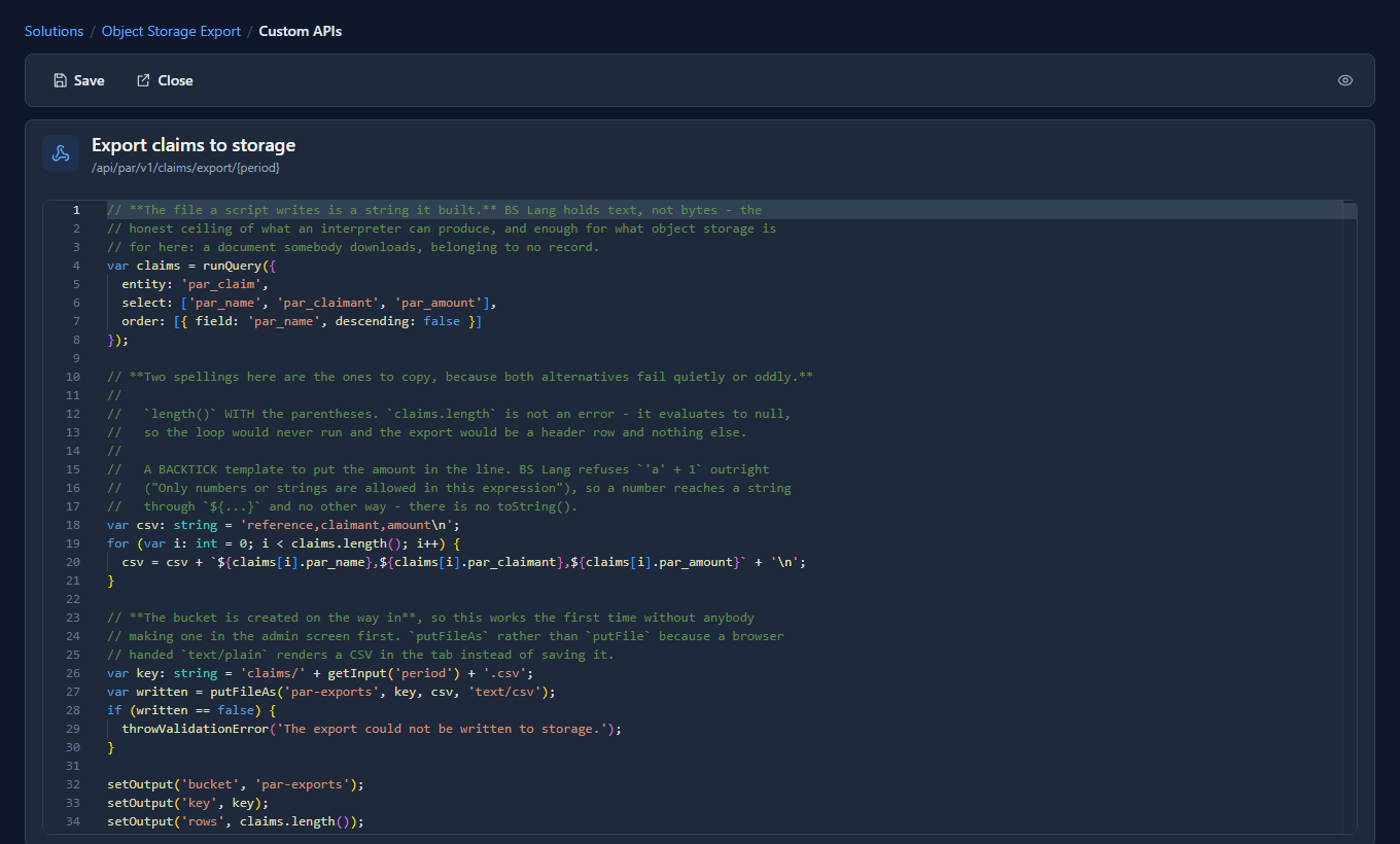 The code editor for Export claims to storage: it queries the claims, builds a CSV line by line, writes it to the par-exports bucket under claims/<period>.csv with putFileAs, and answers with the bucket, the key and the row count
