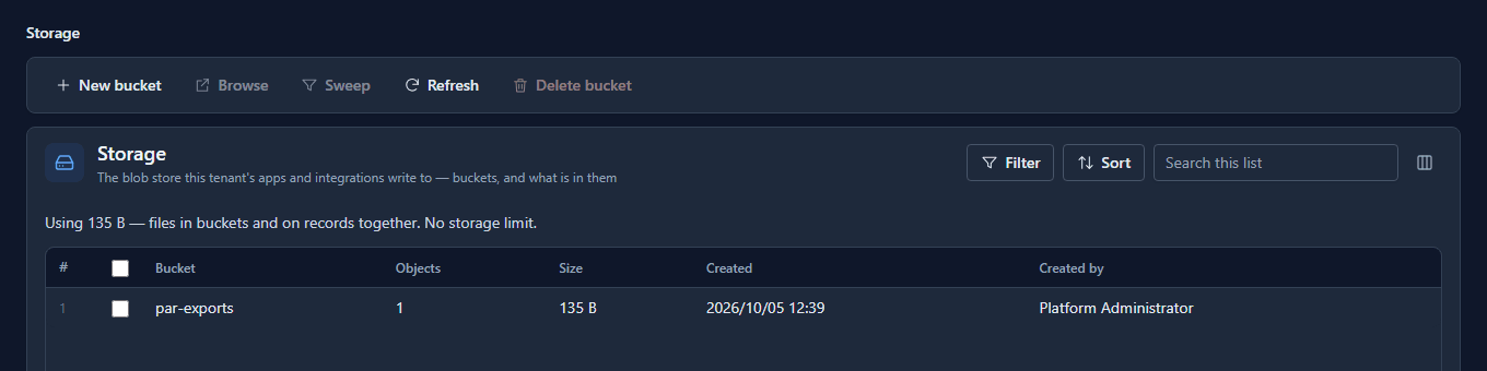 The Storage screen: 135 bytes used, and the par-exports bucket holding one object of 135 bytes