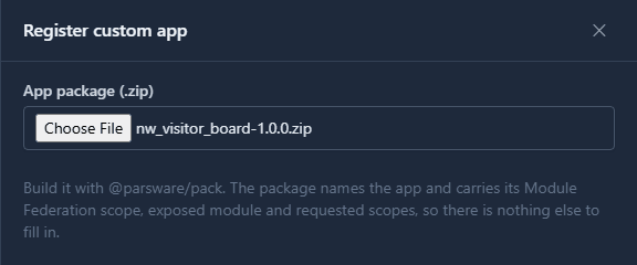 The New custom app panel in the Visitors solution with nw_visitor_board-1.0.0.zip chosen