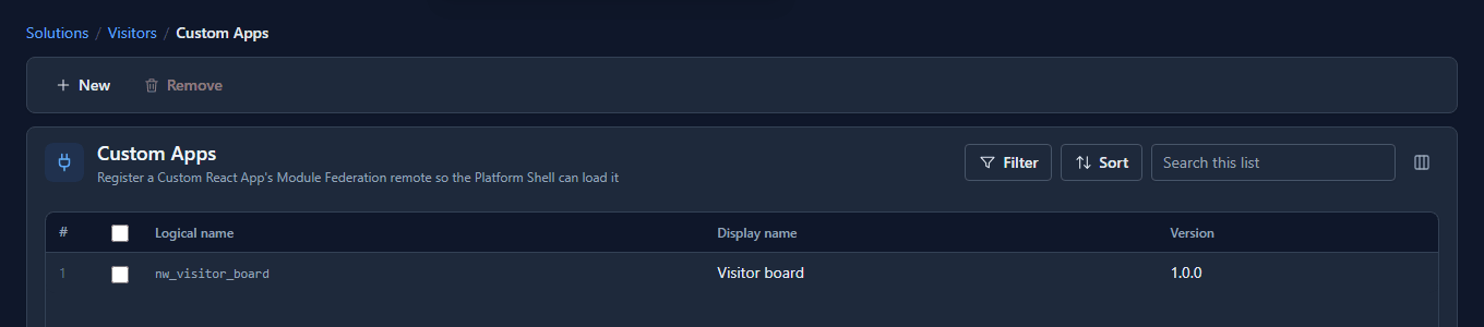 The Custom Apps list of the Visitors solution: Visitor board, nw_visitor_board, version 1.0.0