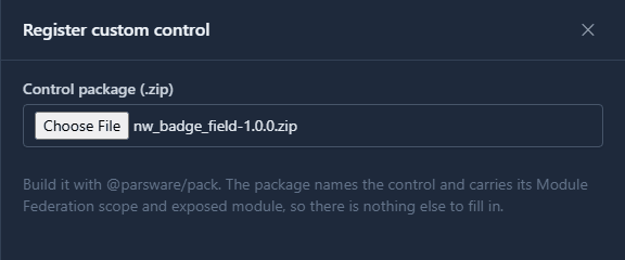 The New custom control panel in the Visitors solution with nw_badge_field-1.0.0.zip chosen
