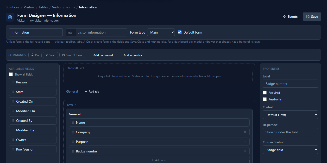 The form designer for the Visitor form: Name, Company, Purpose and Badge number in the General section, Badge number selected, and in Properties the Custom Control setting set to Badge field