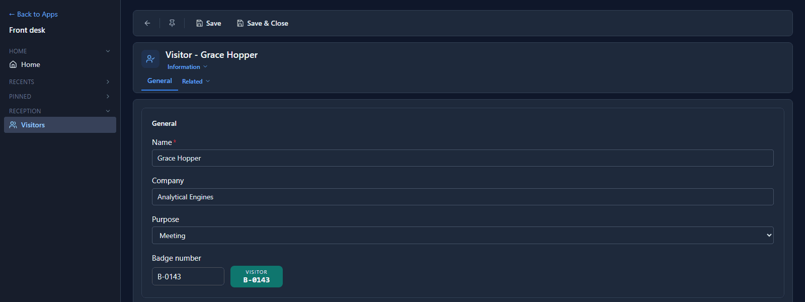 Grace Hopper's visitor record in the Front desk app: Name, Company, Purpose set to Meeting, and Badge number holding B-0143 beside a teal badge reading VISITOR B-0143